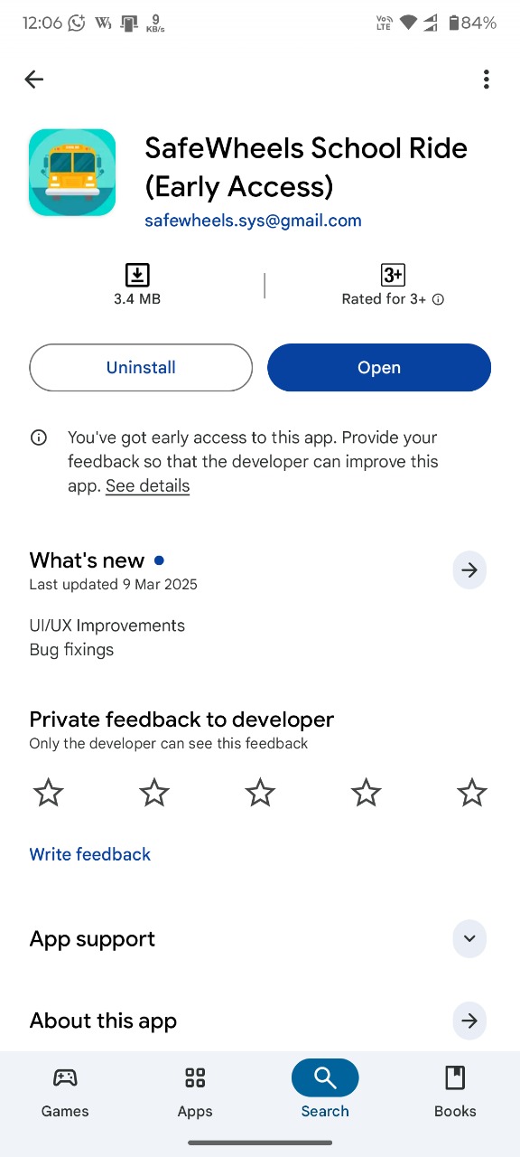 SafeWheels School Ride early-access Play Store listing